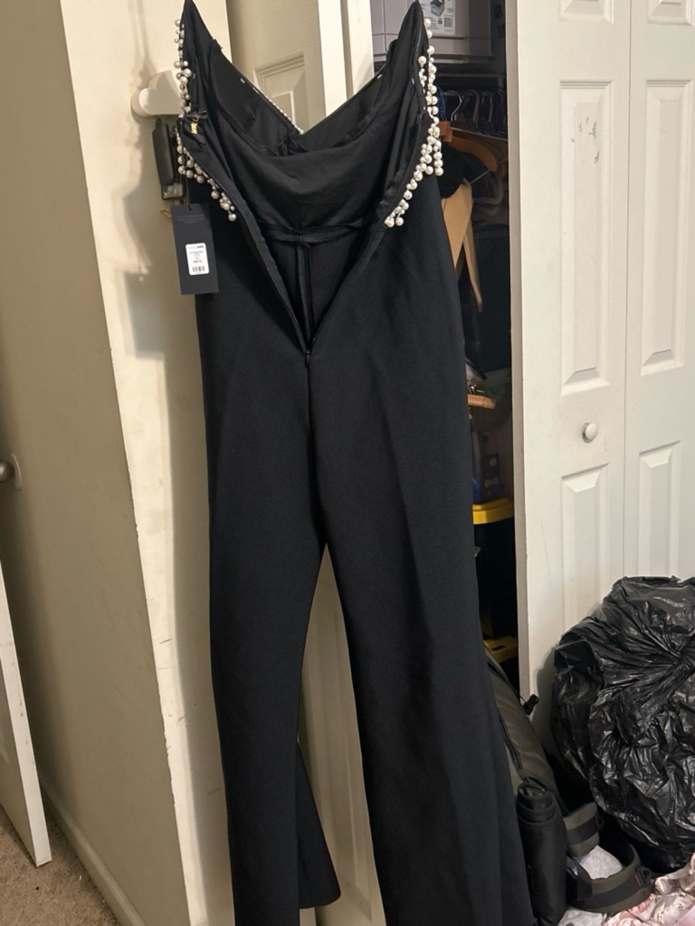 Fashion Nova Black Wide-Leg Jumpsuit with Pearl Embellishment - Picture 3 of 6